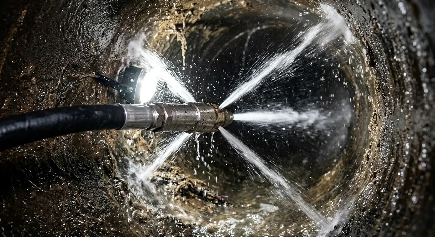 High-pressure hydro jetting nozzle cleaning sewer pipe for Sewer Cleanout in Truth or Consequences