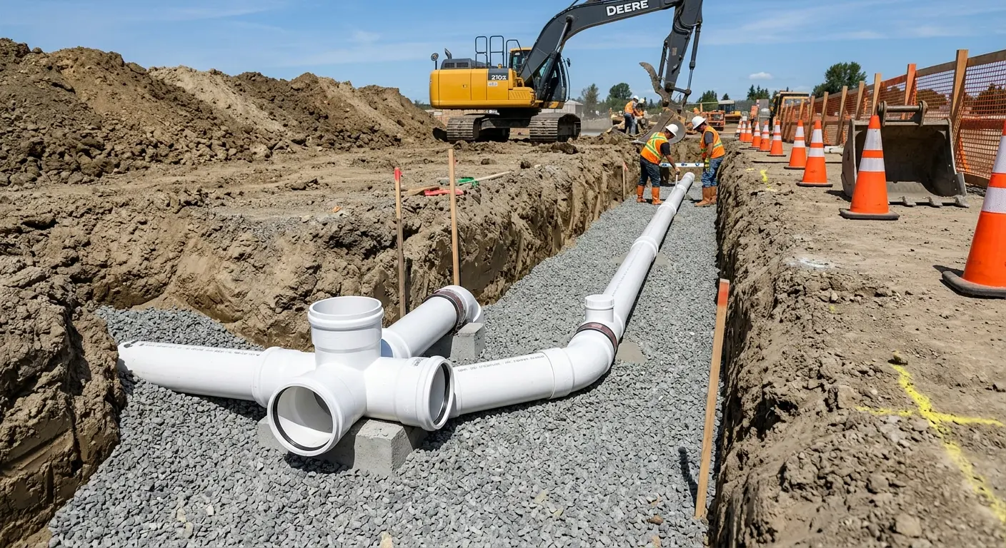 New PVC sewer pipe installation in open trench for Sewer Backup in Truth or Consequences