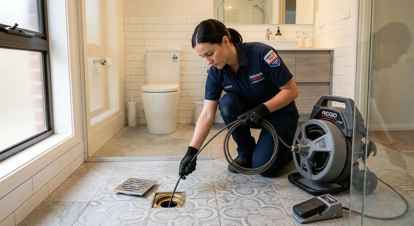 Technician clearing a bathroom floor drain for Clogged Drain Repair in Truth or Consequences